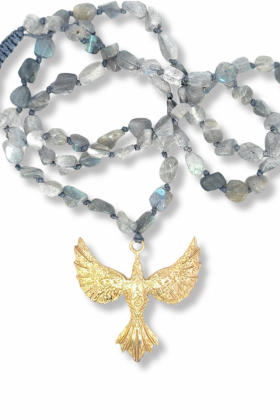 Anka Kuşu Kolye – Labradorit Taşlı Bronz | Yeniden Doğuşun Sembolü