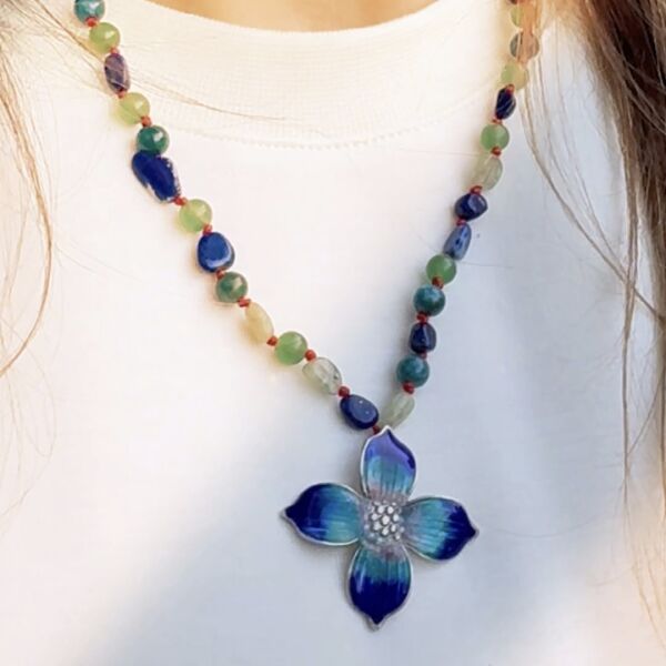 Mineli Menekşe Lapis Lazuli, Prehnit ve Apatit Doğal Taşlı Kolye