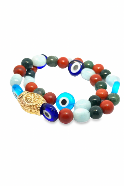 Vegvisir Bileklik – Çift Kat Dolamalı Doğal Taşlı ve Nazar Boncuklu | Bronz