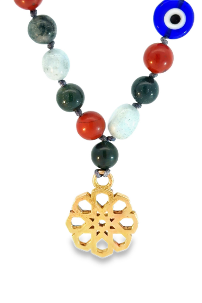 Bronz Selçuklu Yıldızı Kolye – Nazar Boncuğu, Akuamarin, Yosun Akik ve Kırmızı Jasper Doğal Taşlı El Yapımı Tasarım