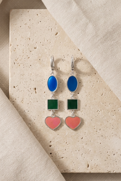 3 Renkli Mineli Sallantılı Küpe – 925 Ayar Gümüş | Kobalt, Yeşil ve Pembeli