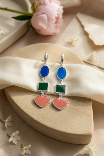 3 Renkli Mineli Sallantılı Küpe – 925 Ayar Gümüş | Kobalt, Yeşil ve Pembeli