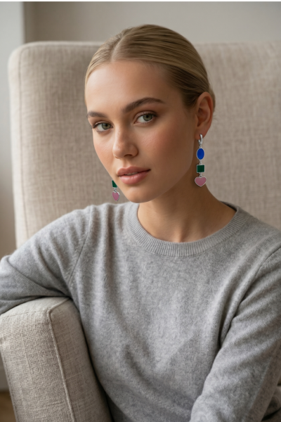 3 Renkli Mineli Sallantılı Küpe – 925 Ayar Gümüş | Kobalt, Yeşil ve Pembeli