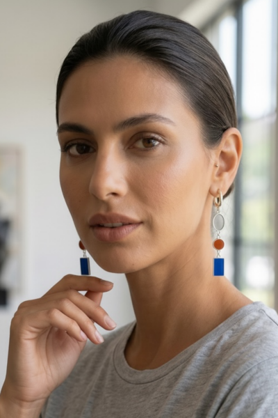 3 Renkli Mineli Sallantılı Küpe – 925 Ayar Gümüş | Gri, Yanık Turuncu ve Kobalt Mavili